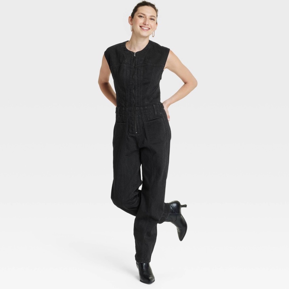 NWT Universal Thread Women's Tailored Denim Jumpsuit Black Sleeveless, Relaxed 2